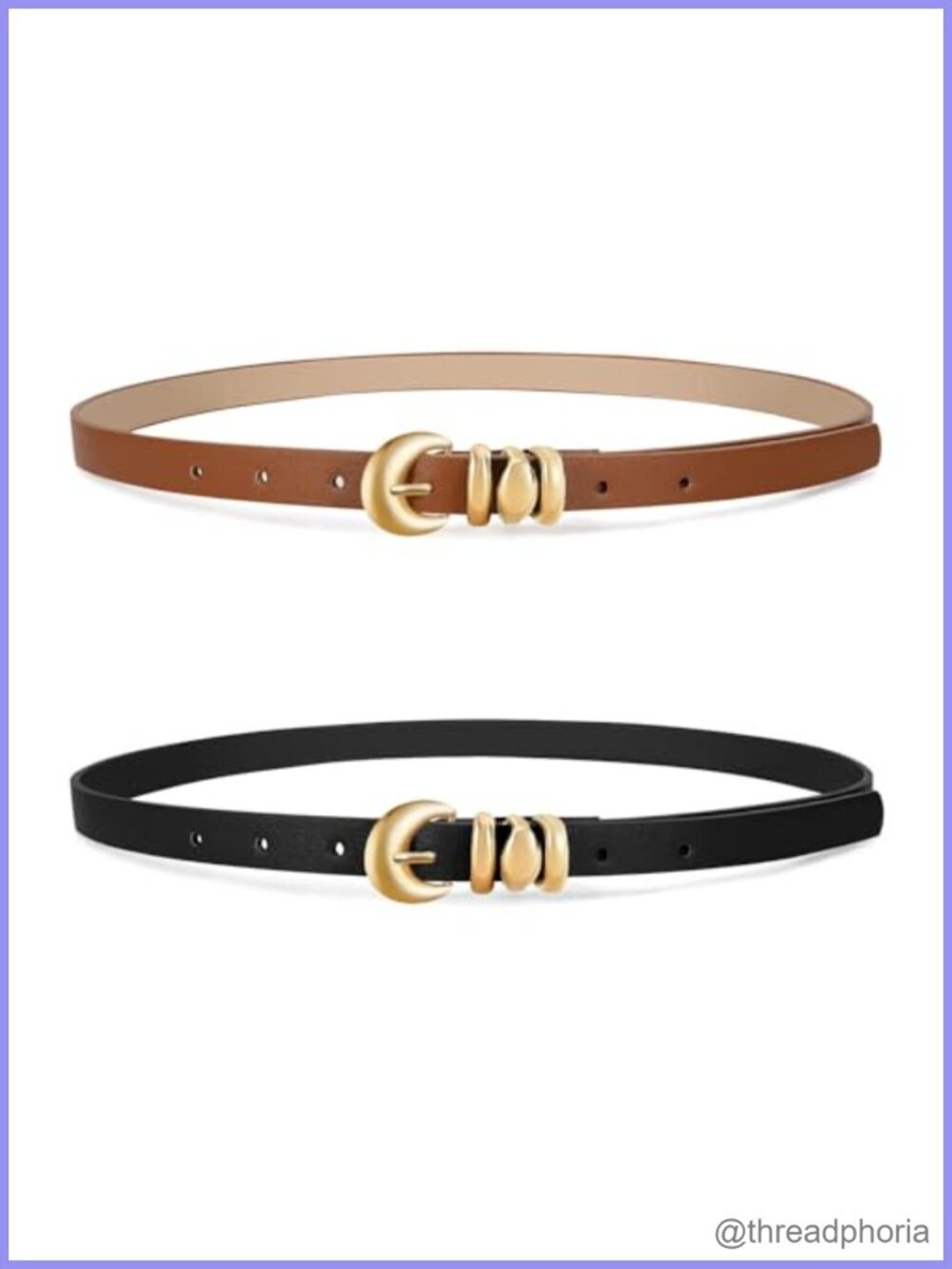 2 Pack Womens Skinny Faux Leather Belts Thin Waist Belt with Gold Buckle